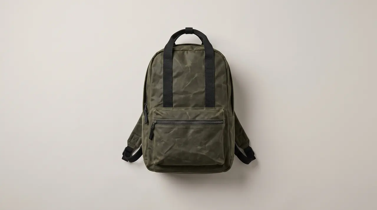 A closed canvas backpack.