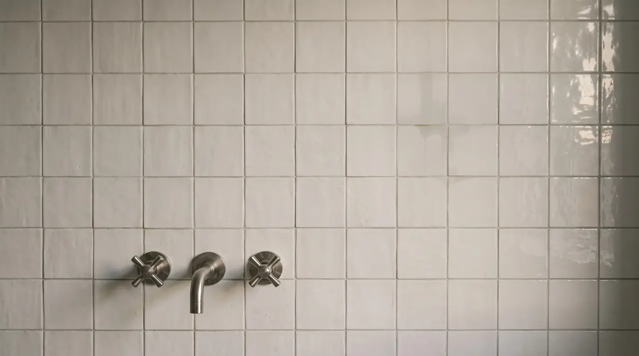 A tiled bathroom wall with a wall-mounted tap.