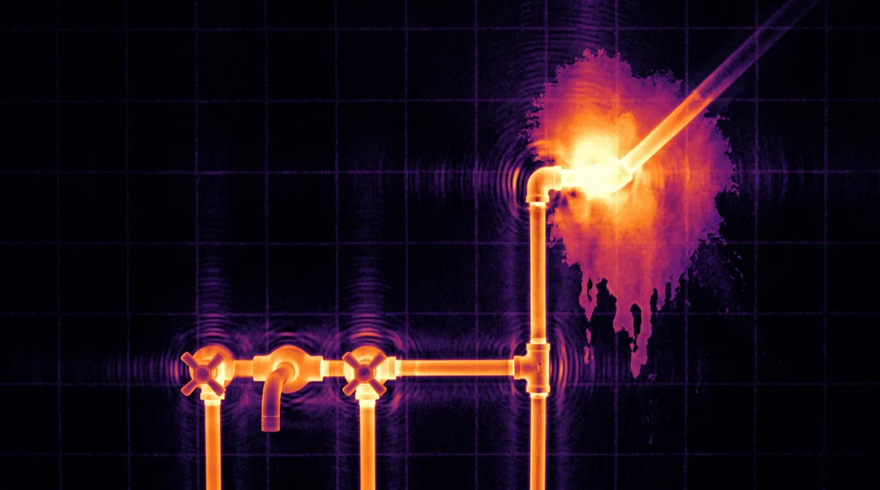 The same wall scanned: supply pipes behind the tiles, and water spreading from a leaking elbow joint.