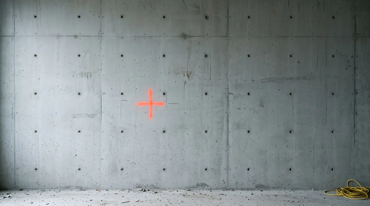 A bare concrete wall on a building site, marked with a spray-painted cross.