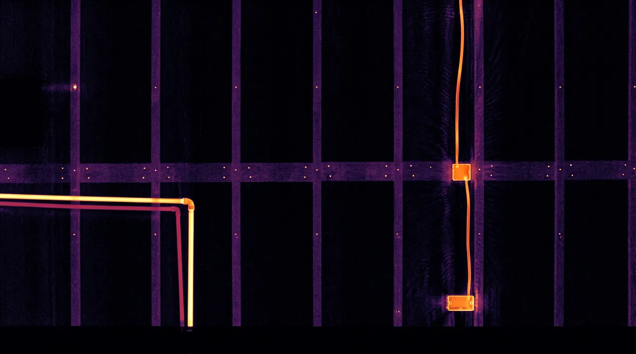 On the camera's screen: the studs, a cable and two back boxes inside the wall.